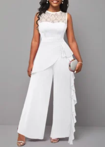 Lace Patchwork White Long Sleeveless Jumpsuit